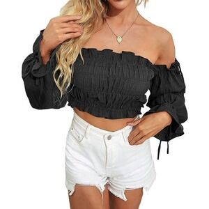 Yes Summer fashion knitted Puff Sleeve Long sleeves Smocked Crop Top Size XS